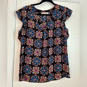 Philosophy Republic Women’s Top Black, Blue and Orange Mosaic Patterned Blouse